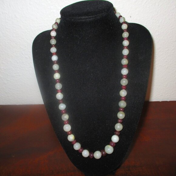 Jade White and RubyBead Necklace Vintage 20"